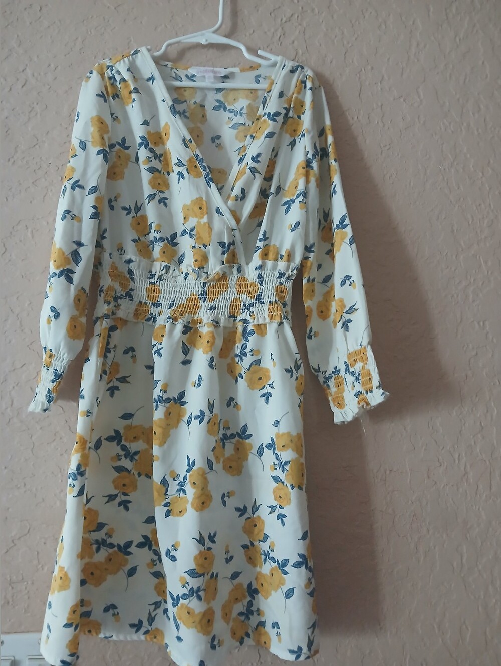 indulge Cream Dress with Yellow Floral Print and Blue Leaves